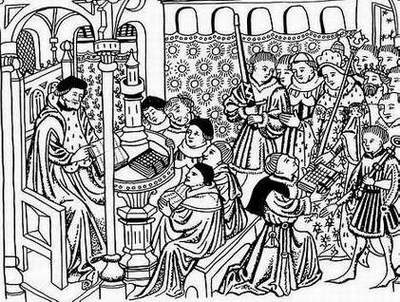 Просмотр книг при дворе короля. Миниатюра 15 века.