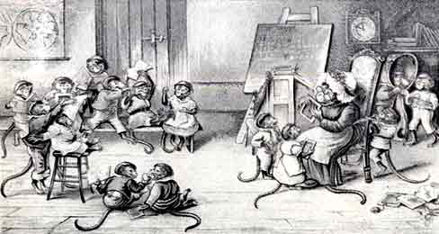 Обучение детей в старой английской школе -карикатура.